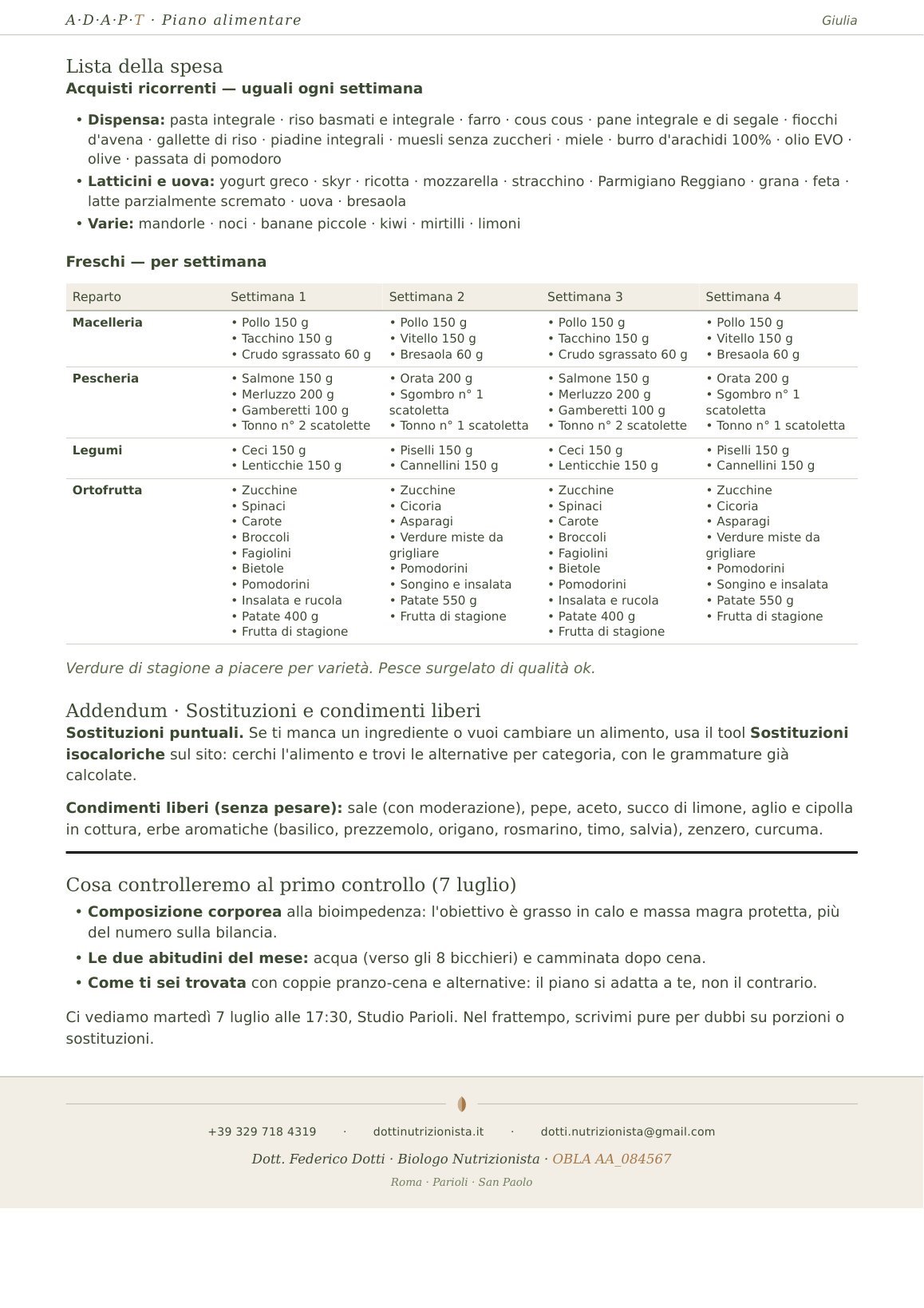 Lista della spesa divisa per reparto e per settimana, con le flessibilità del piano